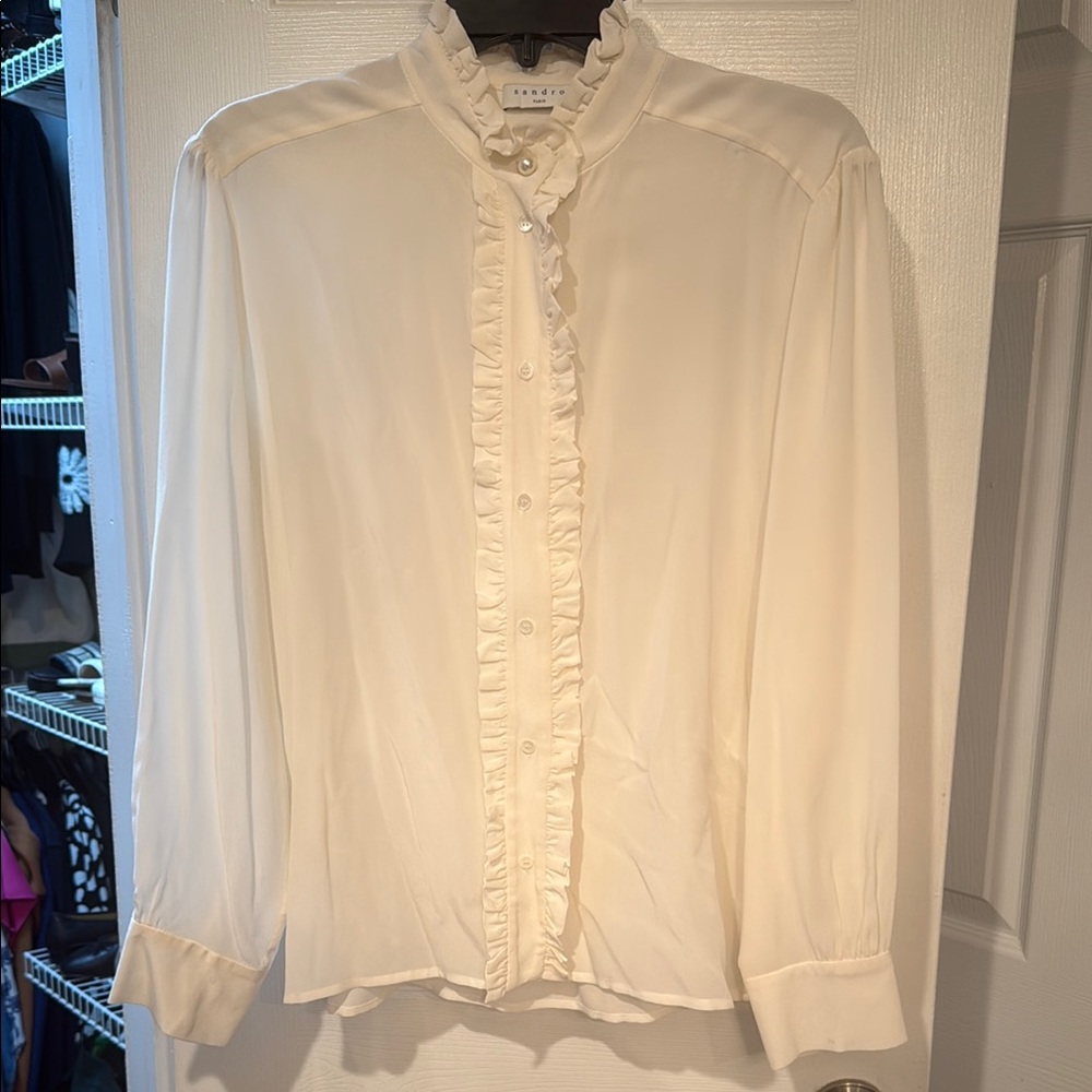 Sandro White Ruffled 3/4 Sleeve Blouse
